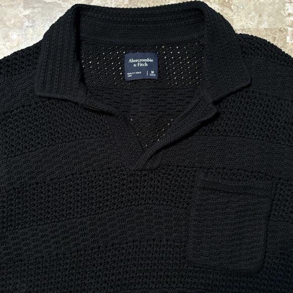 Abercrombie & Fitch Polo Shirt Mens Medium Black Open Knit Johnny Collar Beach - Picture 1 of 8
